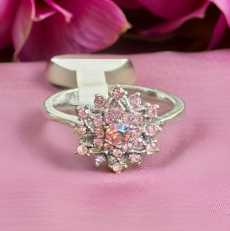 Ring Pink Rhinestone Size 6 Silvertone