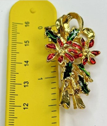 Brooch Vintage  Enamel -Gold Tone Christmas  Poinsettia 1.25 Inches