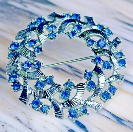 Brooch- Blue Rhinestone open back wreath brooch with C clasp 1.75 Inches