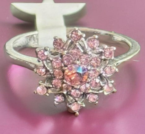 Ring Pink Rhinestone Size 6 Silvertone