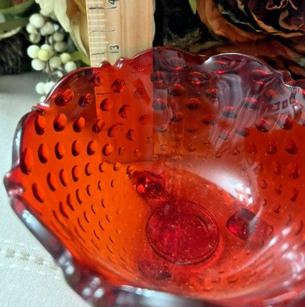 Amberina Hobnail Glass Candy Dish 3 Footed Bowl Ruffled Edge (Glows)