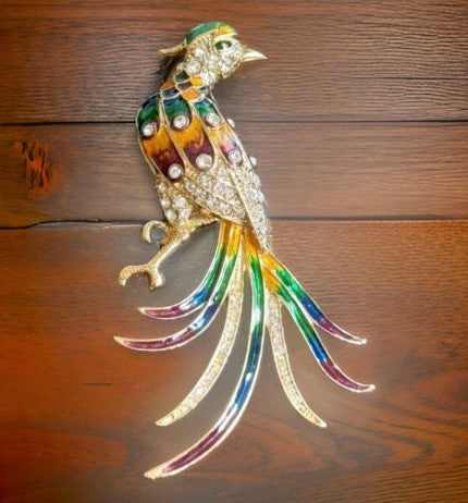 Brooch Bird of paradise enamel rhinestone giant peacock 5 inches