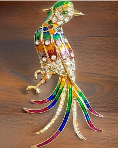 Brooch Bird of paradise enamel rhinestone giant peacock 5 inches