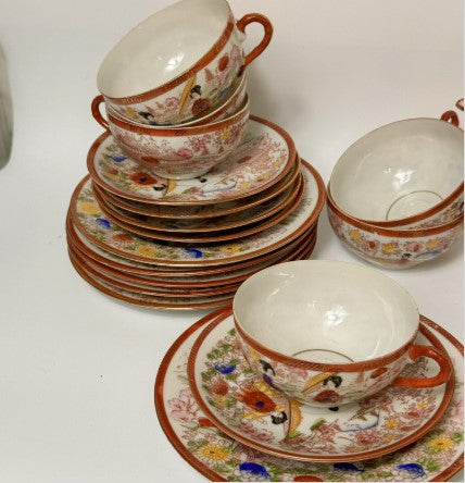 Japanese Kutani Style Full Tea Set Eggshell Porcelain Geisha 20 Piece (read)