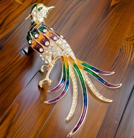 Brooch Bird of paradise enamel rhinestone giant peacock 5 inches