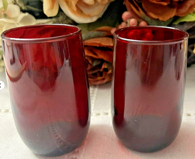 Vintage Lot of 2 Anchor Hocking Ruby Red 3 1/4" Tall Drinking Glasses