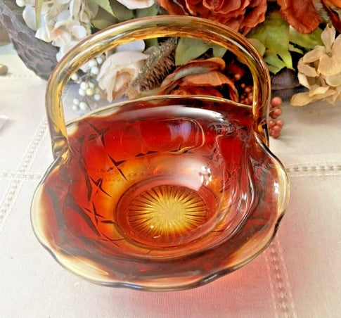 Indiana Tiara Glass Amberina Sunset Constellation Basket Glows  blacklight 8"