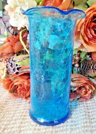 Large Blue Crackled Vase  9 Inches ruffled top Vintage