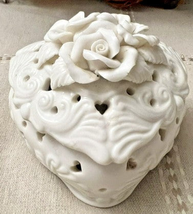 Porcelain White Heart Shaped Trinket Box With Flowers And Cut Out Hearts 3.5 inches