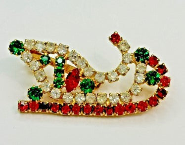 Brooch  Christmas Sleigh Design With Clear Red And Green Rhinestones  2 inches