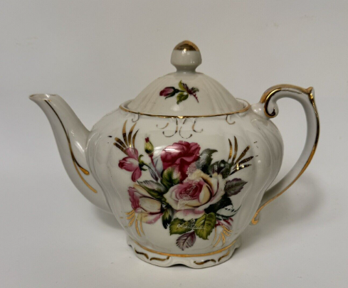 Vintage Porcelain Music Box Teapot Floral with Gold Trim, 6 1/4" (read)