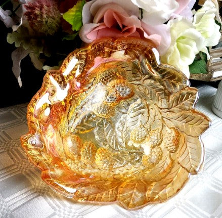 Indiana Carnival Amber Glass Logan Berry Leaves Candy Dish Bowl