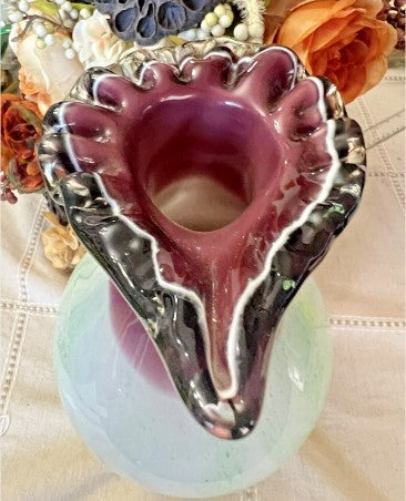 Vintage Hand-Blown Art Glass Vase Amethyst to Green Ruffle Top Heavy 9lbs