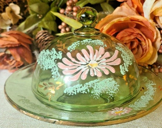 Hand painted Glass Dish With Lid  Green  6 Inches tall