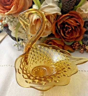 Vintage Kanawha Golden Hobnail Swan Candy Dish 6 Inches