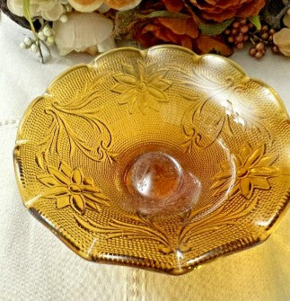 Vintage Tiara Amber Bowl Scalloped Crimped Edge Footed Indiana Glass 6" Wide