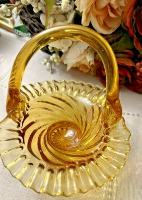 Vintage Glass Amber Ruffled Basket with swirl pattern and handle