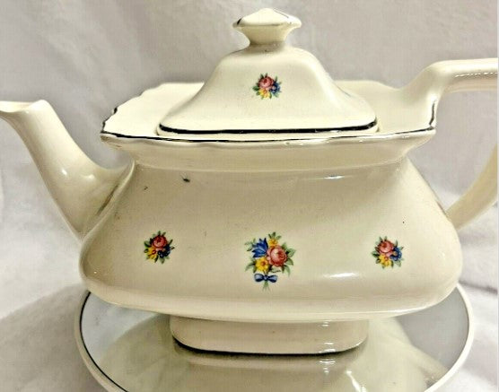 Teapot - W S George Lido Canarytone   Floral Silver Trim USA- crazing at bottom