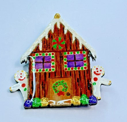 Brooch gingerbread house  enamel 2 inches