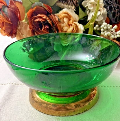 MCM Paden City Glass Emerald Glo Large Glass Serving Bowl Cut Starburst Design