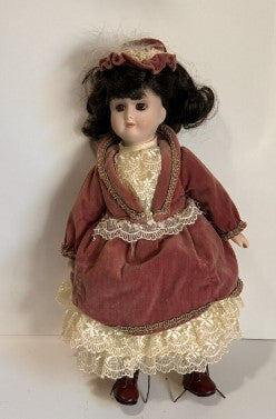 Porcelain Doll Victorian Dressed Maroon Velvet Dress  17 Inches