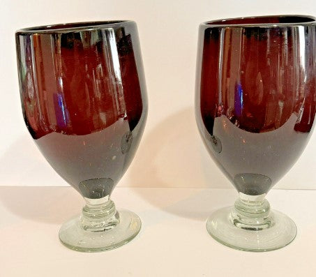 Hand Blown Amethyst Glass Goblets Set Wine/Water Purple  Bubbled Glass 8"