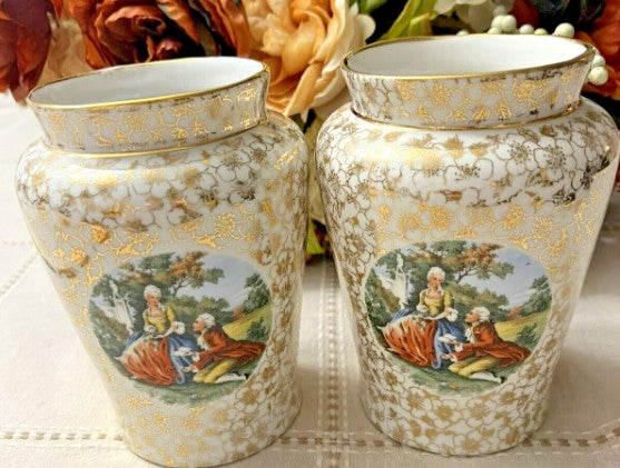 Pair Vintage Le Mieux China  24K Gold Hand Painted Porcelain Vases