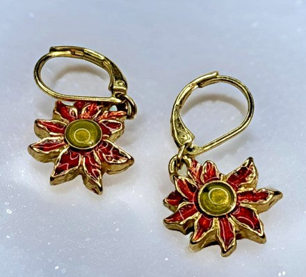 Earrings- poinsettia  leaver back red and goldtone 1 inch