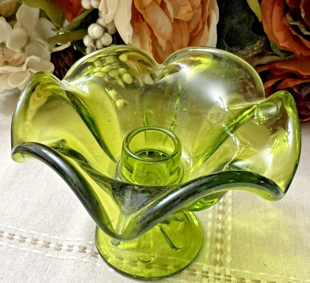 Viking Glass Epic Green Glass Mid-Century Candle Holders 3.5 Inches