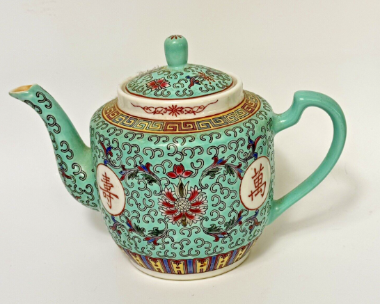 VTG Chinese Porcelain Teapot, Turquoise Blue w with  Mun Shou Longevity Symbols No 18