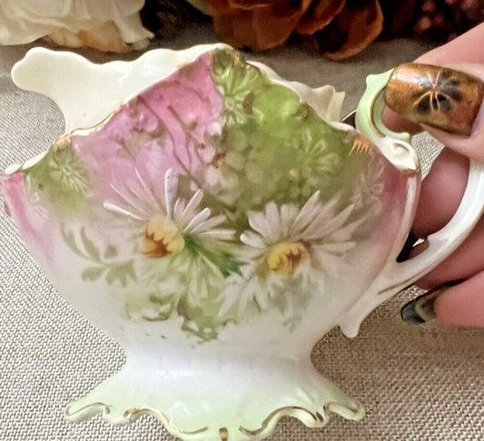 vintage porcelain creamer Hand Painted Flowers Unique Shape