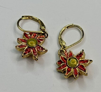 Earrings- poinsettia  leaver back red and goldtone 1 inch