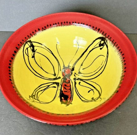 Artisan Pottery Butterfly Bowl red and yellow 8 inches