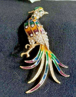 Brooch Bird of paradise enamel rhinestone giant peacock 5 inches