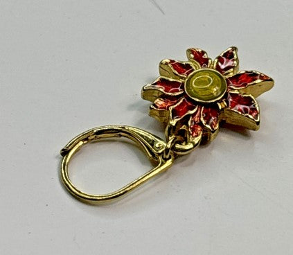 Earrings- poinsettia  leaver back red and goldtone 1 inch