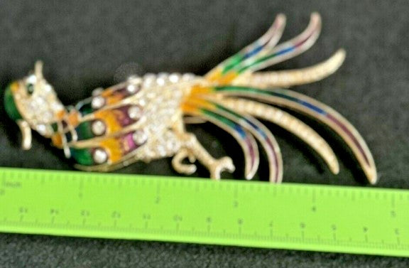 Brooch Bird of paradise enamel rhinestone giant peacock 5 inches