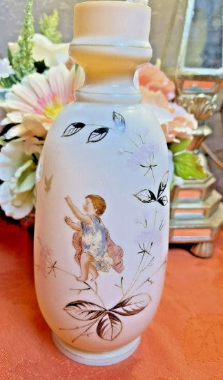 Victorian Fireglow Pink Satin Glass Vase Hand Painted 10 inches