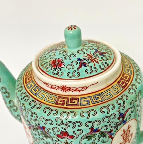 VTG Chinese Porcelain Teapot, Turquoise Blue w with  Mun Shou Longevity Symbols No 18