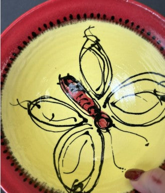 Artisan Pottery Butterfly Bowl red and yellow 8 inches