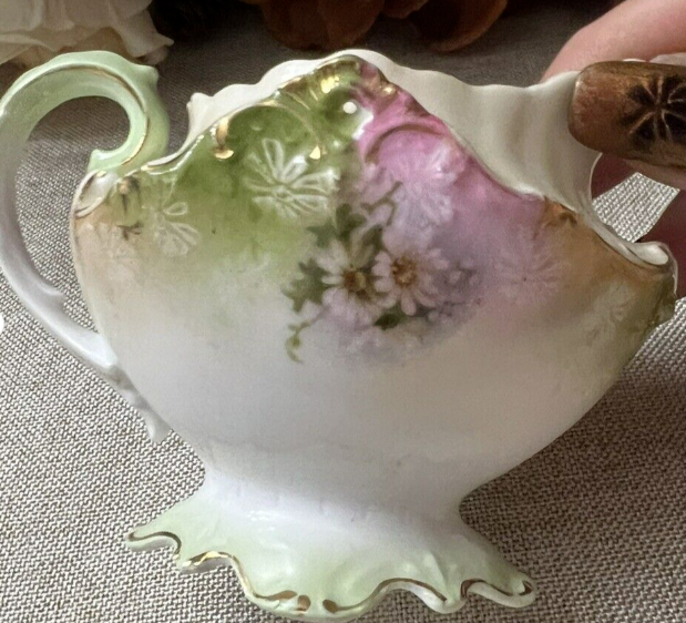 vintage porcelain creamer Hand Painted Flowers Unique Shape