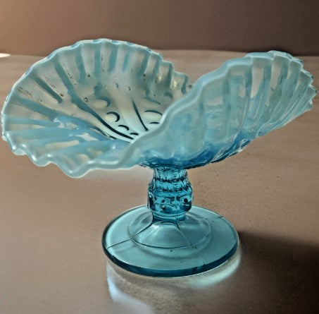 Dugan Glass Co. Blue Opalescent Footed Compote with Coinspot Pattern 5 inches