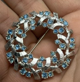 Brooch- Blue Rhinestone open back wreath brooch with C clasp 1.75 Inches