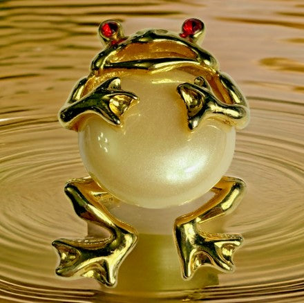 Frog Brooch  faux pearll body with red enamel eyes  1.75 inches goldtone