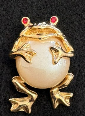 Frog Brooch  faux pearll body with red enamel eyes  1.75 inches goldtone