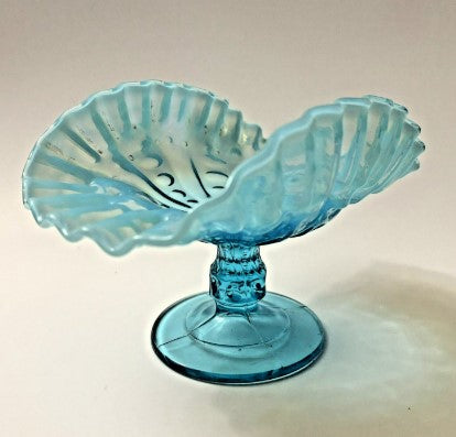 Dugan Glass Co. Blue Opalescent Footed Compote with Coinspot Pattern 5 inches