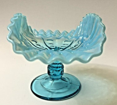 Dugan Glass Co. Blue Opalescent Footed Compote with Coinspot Pattern 5 inches