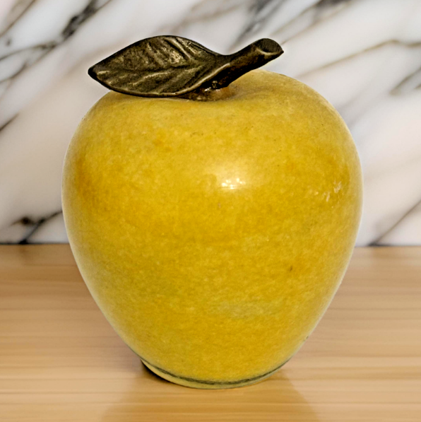 Vintage Yellow Alabaster Apple Fruit Paperweight with Brass Leaf