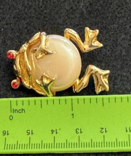 Frog Brooch  faux pearll body with red enamel eyes  1.75 inches goldtone