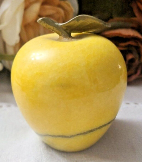 Vintage Yellow Alabaster Apple Fruit Paperweight with Brass Leaf