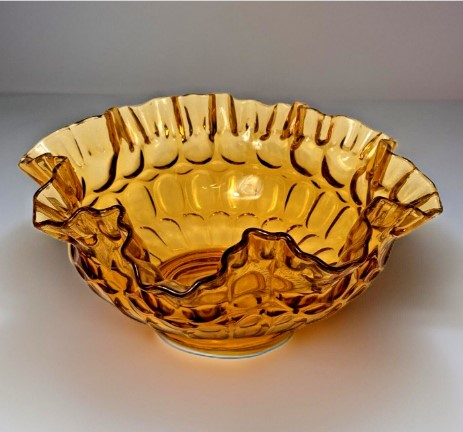 Vintage Amber Fenton Glass Thumb Print Crimped Glass Bowl